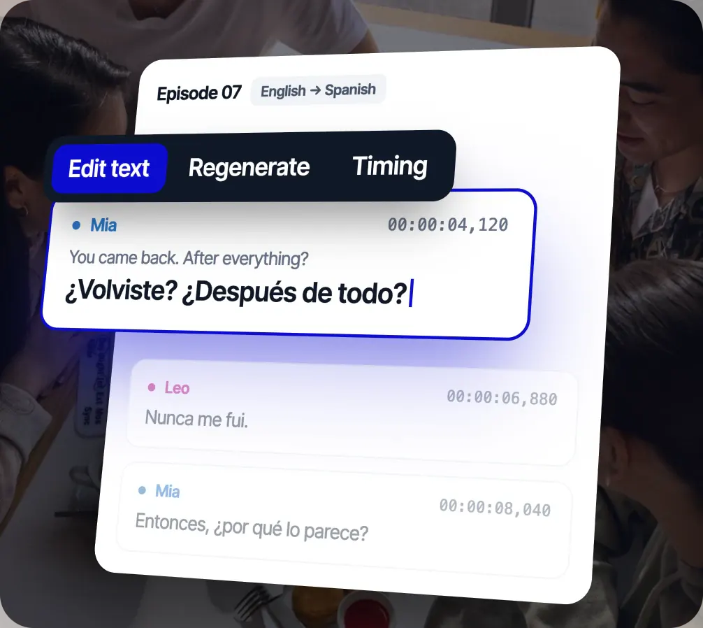 Editor de linhas do Rask para o Episódio 07, do inglês para o espanhol: uma fala de Mia está sendo editada, com as opções Editar texto, Regenerar e Ajustar tempo