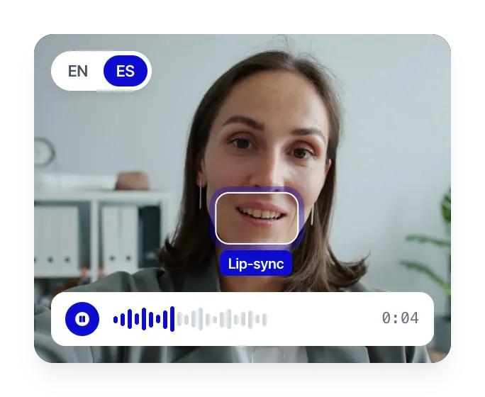 Sincronização labial aplicada a uma dublagem em espanhol: a boca do locutor fica em destaque enquanto a frase dublada é reproduzida