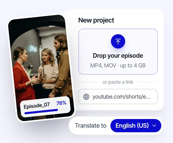 Tela de novo projeto do Rask: um episódio de drama curto sendo enviado a 78%, com o idioma de destino definido como inglês (EUA)