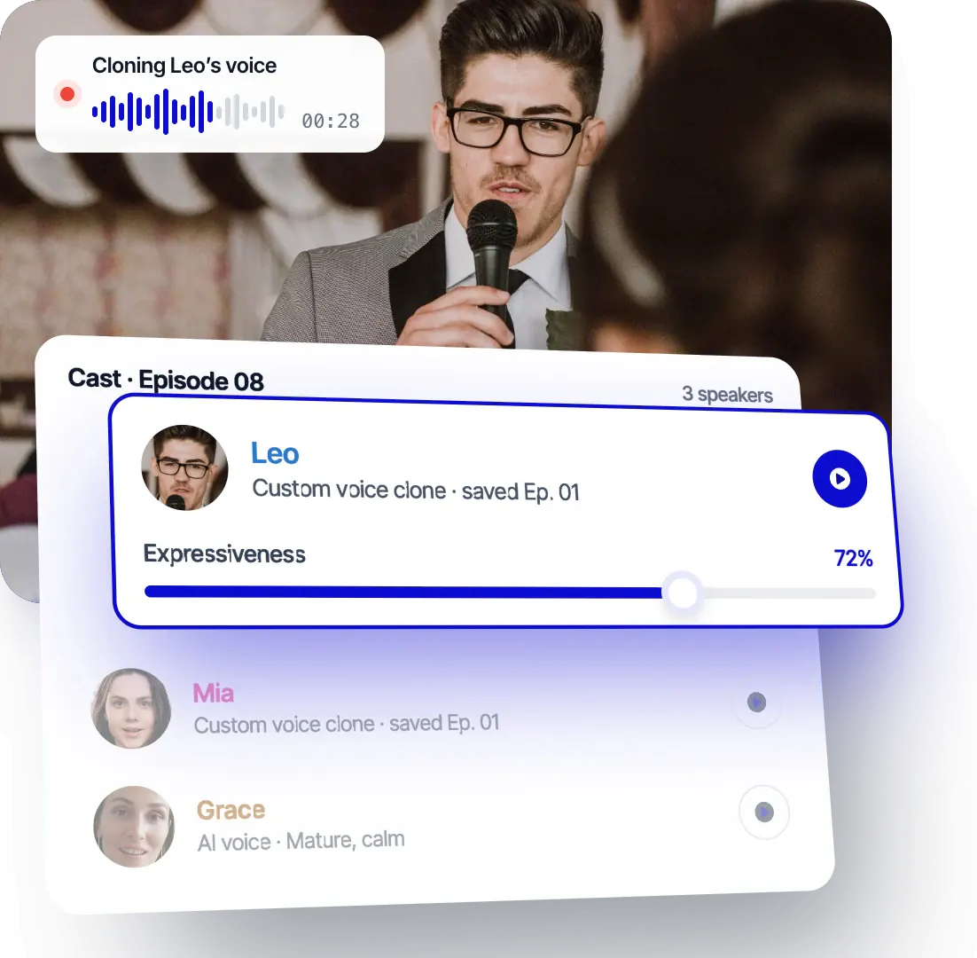 Clonagem da voz do Leo no Rask e o elenco do Episódio 08: Leo e Mia com clones de voz personalizados salvos no Episódio 01, Grace com uma voz de IA e controle deslizante de expressividade em 72%